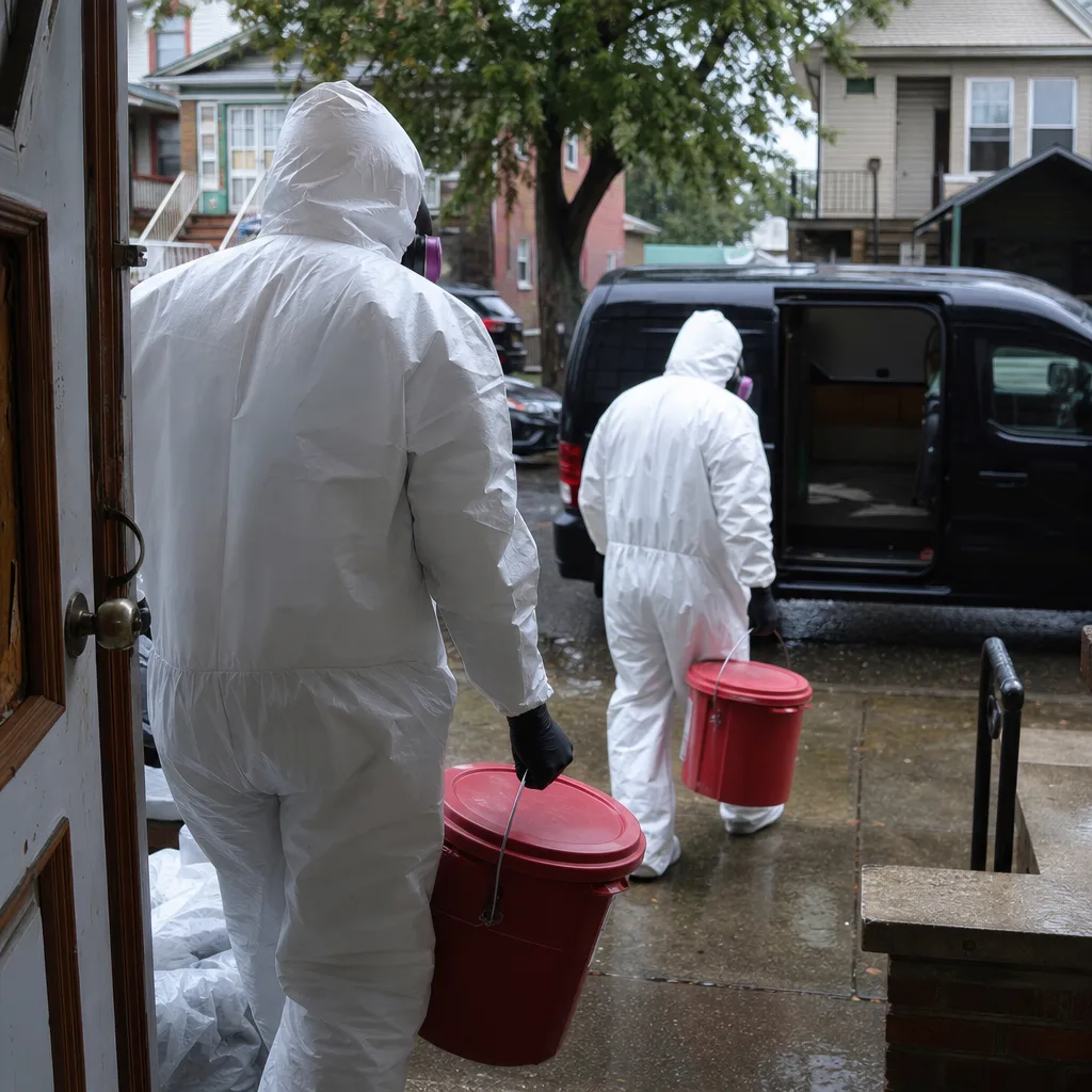 Professional technicians in hazmat suits performing biohazard and crime scene cleanup in Canarsie, NY