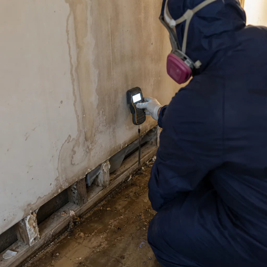 Restoration professional measuring moisture levels on water-damaged walls. in Flatlands, NY