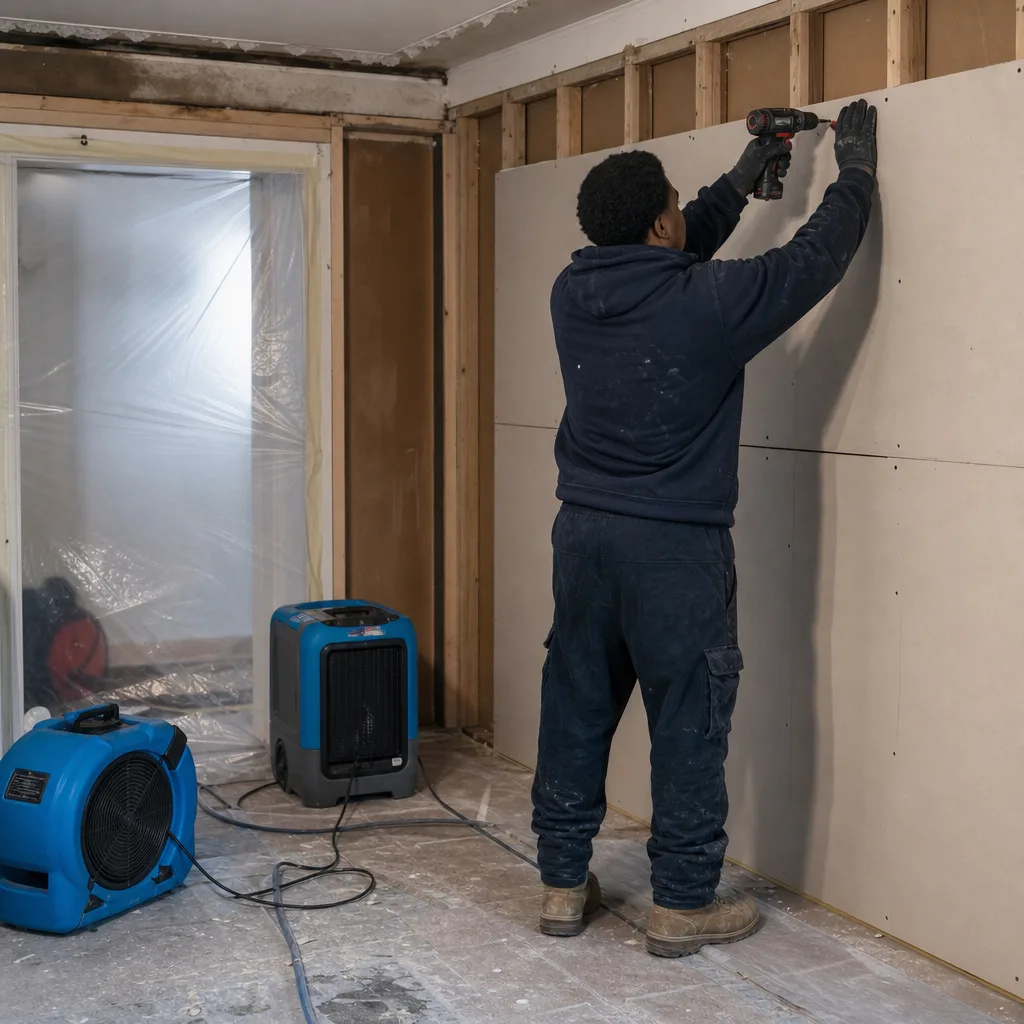 Technician installing drywall during professional water damage restoration and property reconstruction in Spring Creek, NY