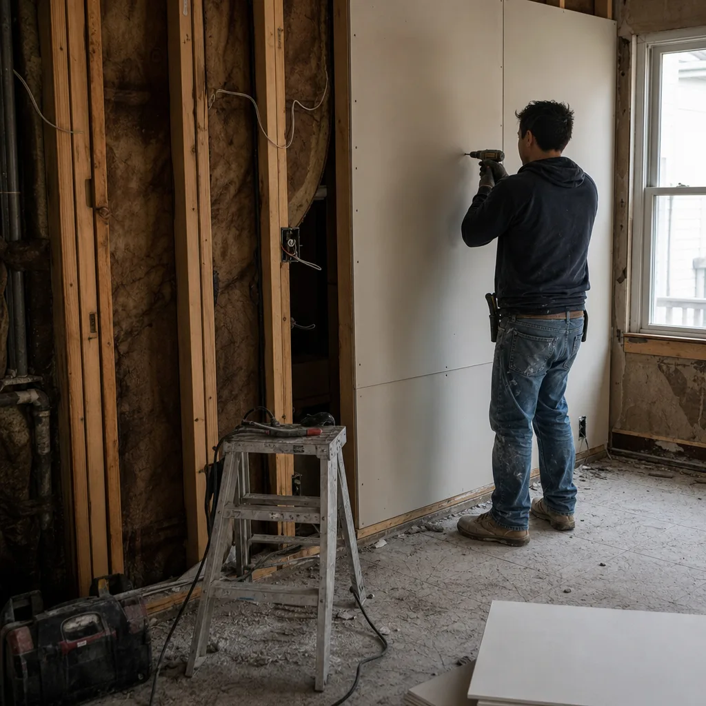 Professional contractor installing drywall for home damage restoration and interior reconstruction. in Spring Creek, NY