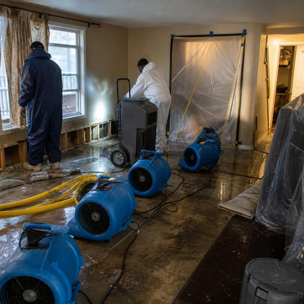 Technicians performing water damage restoration and sanitization services with industrial equipment in Williamsburg, NY