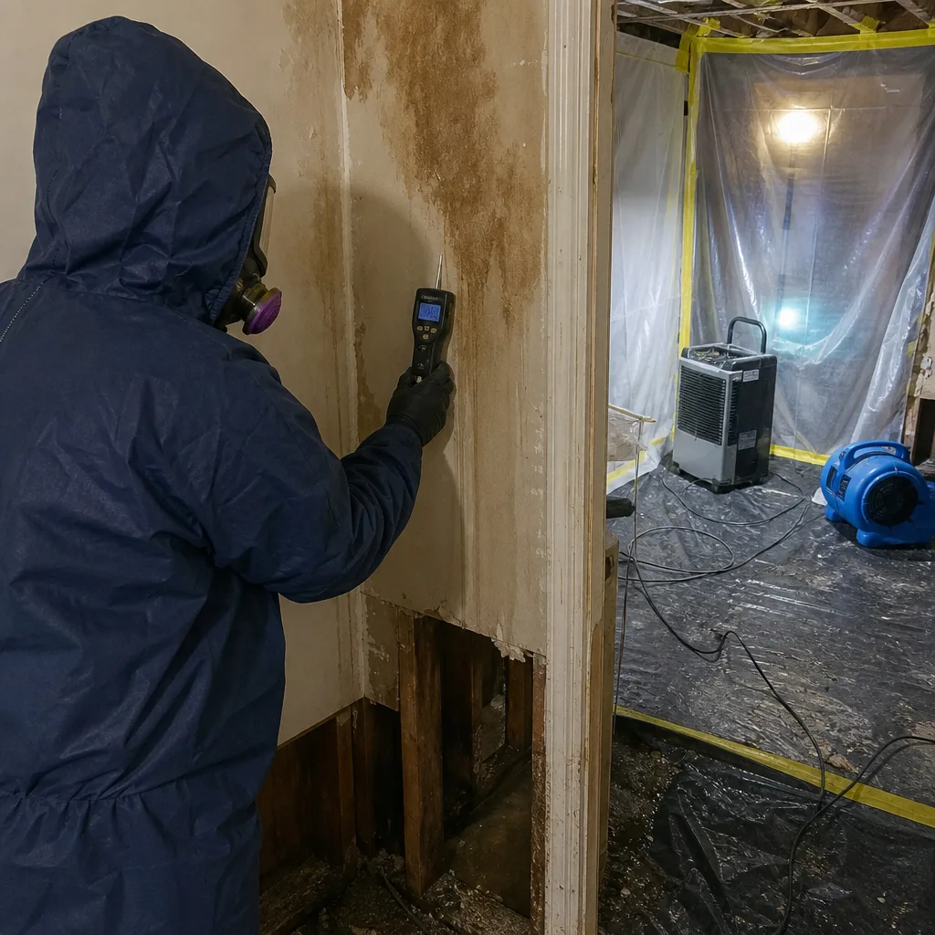 Professional technician performing water damage assessment and sanitization services in Williamsburg, NY