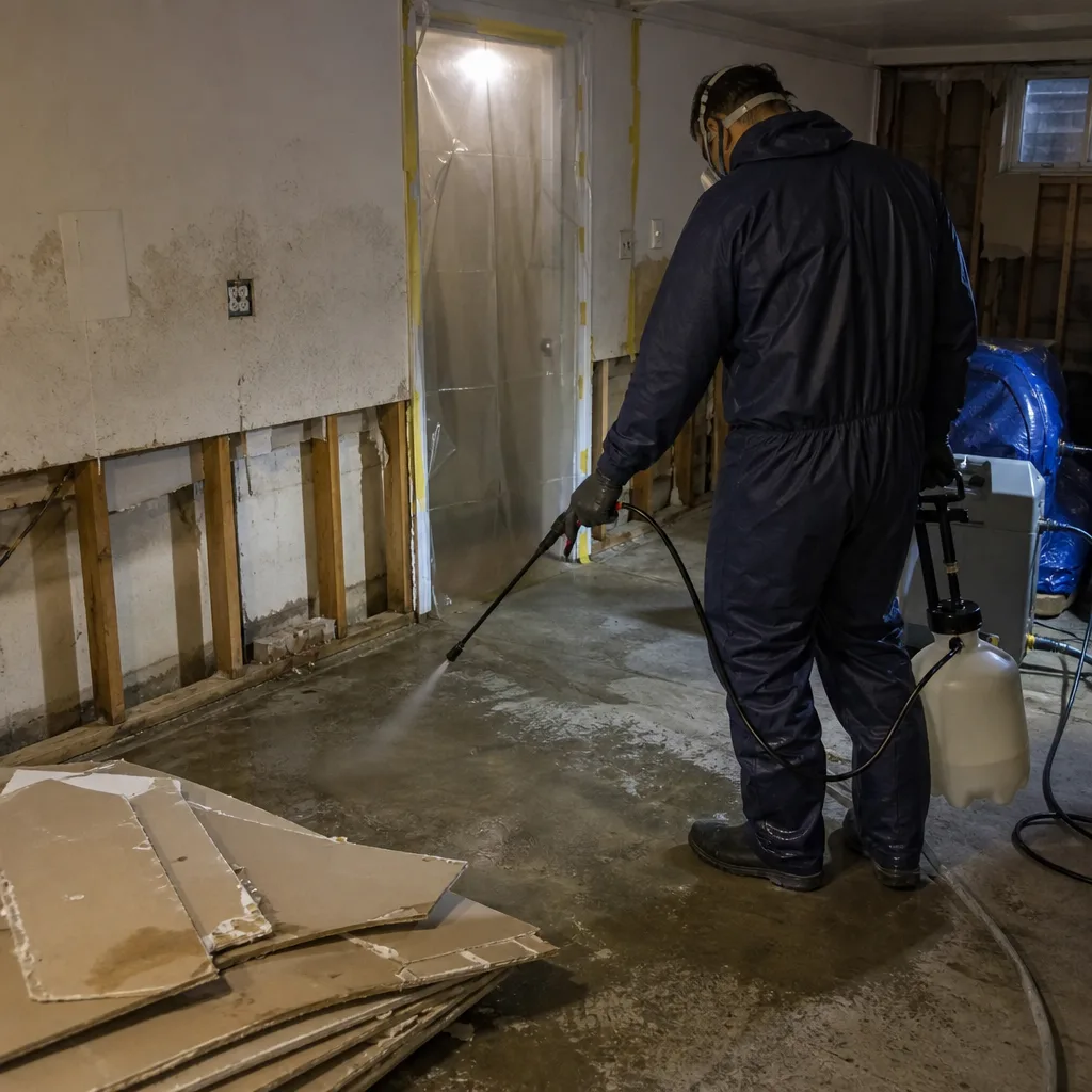 Technician in protective suit performing professional sewage cleanup on basement floor in Spring Creek, NY