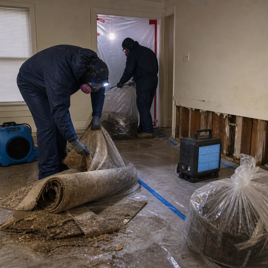 Technicians in protective suits performing professional sewage cleanup and remediation services in Spring Creek, NY