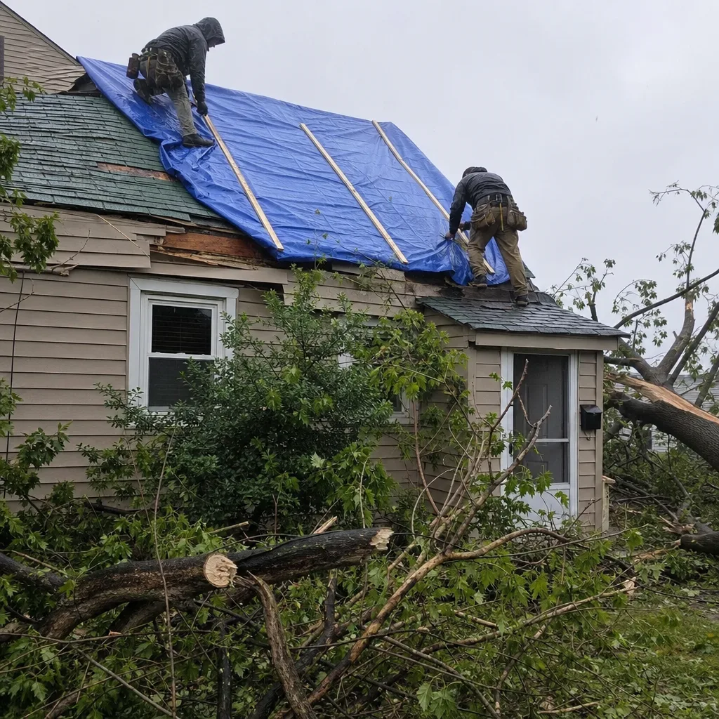 Contractors installing emergency roof tarp on house damaged by fallen tree in Bushwick, NY